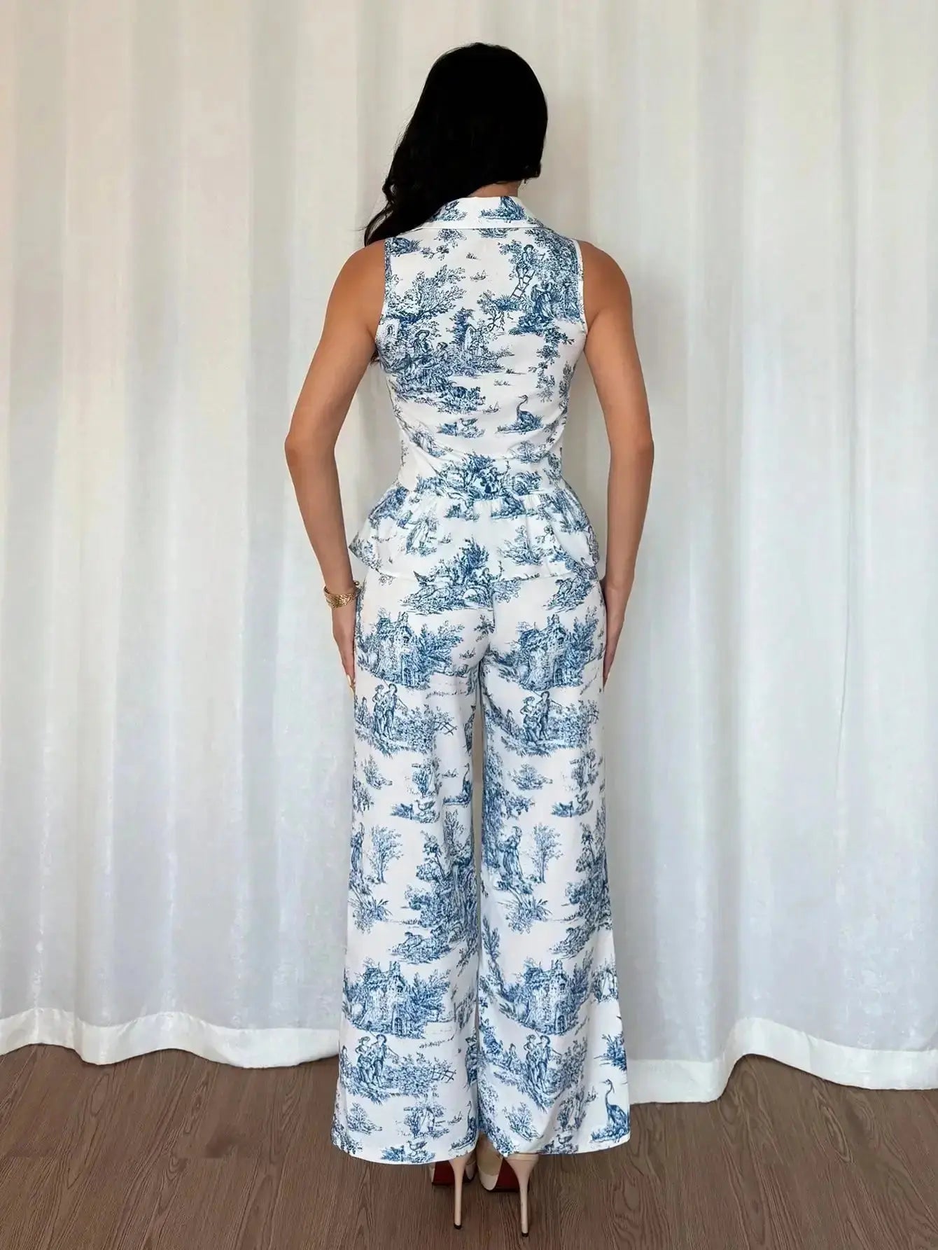 Women's Blue & White Toile Print Sleeveless Peplum Top + Wide Leg Pants Summer Two - Piece Set - LUXURY CLOTHESMy store Women's Blue & White Toile Print Sleeveless Peplum Top + Wide Leg Pants Summer Two - Piece Set My store