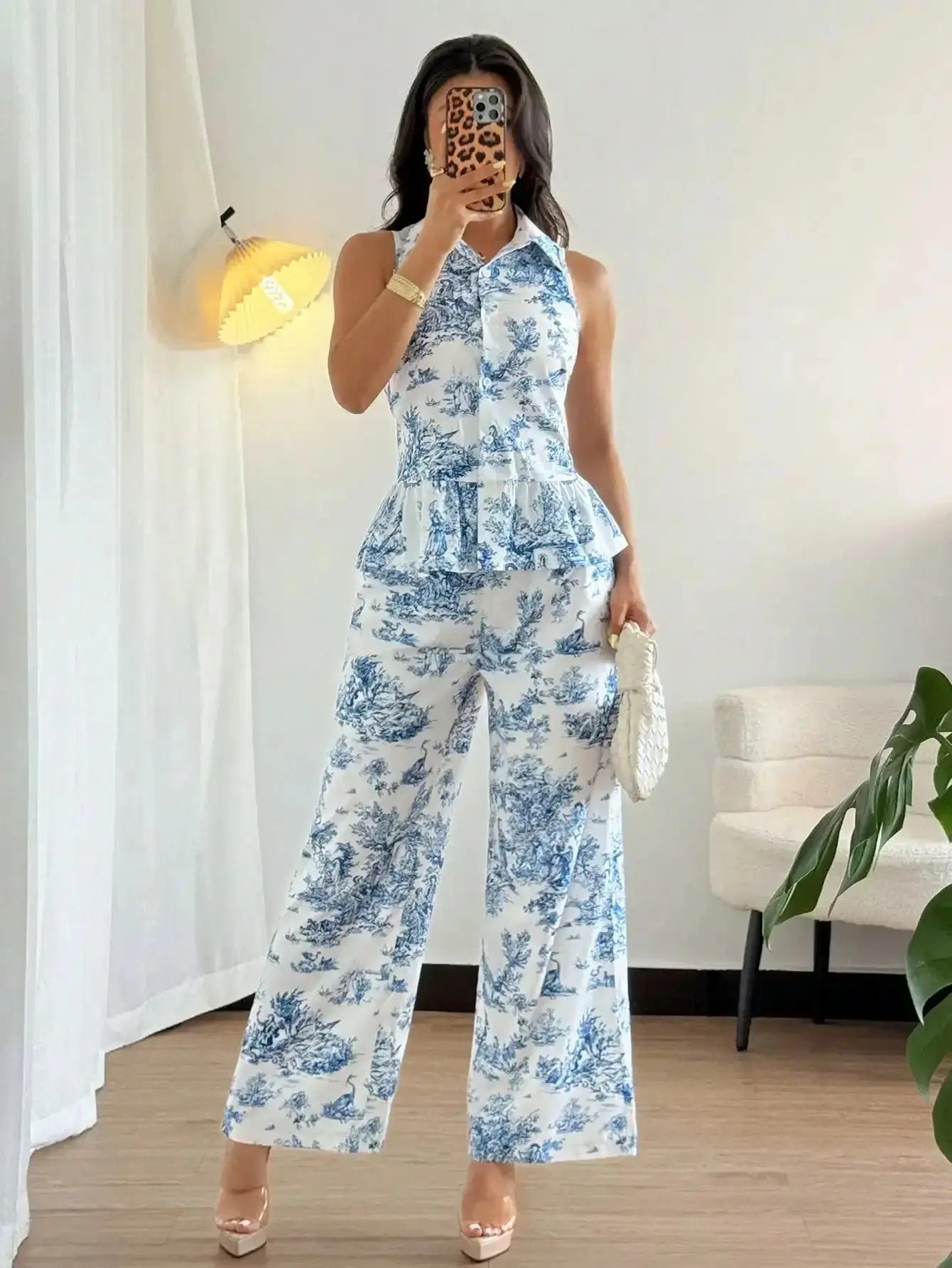 Women's Blue & White Toile Print Sleeveless Peplum Top + Wide Leg Pants Summer Two - Piece Set - LUXURY CLOTHESMy store Women's Blue & White Toile Print Sleeveless Peplum Top + Wide Leg Pants Summer Two - Piece Set My store