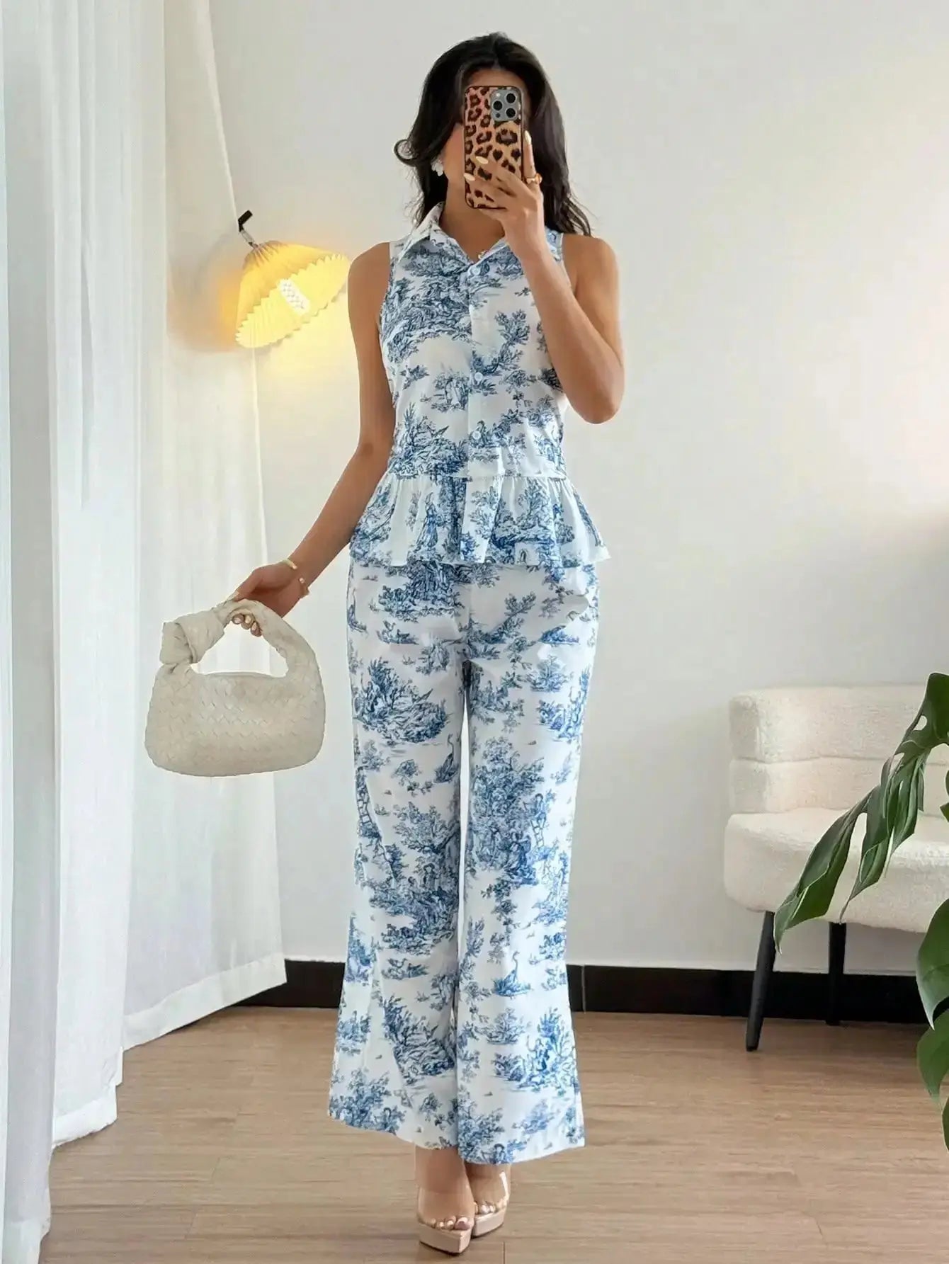 Women's Blue & White Toile Print Sleeveless Peplum Top + Wide Leg Pants Summer Two - Piece Set - LUXURY CLOTHESMy store Women's Blue & White Toile Print Sleeveless Peplum Top + Wide Leg Pants Summer Two - Piece Set My store