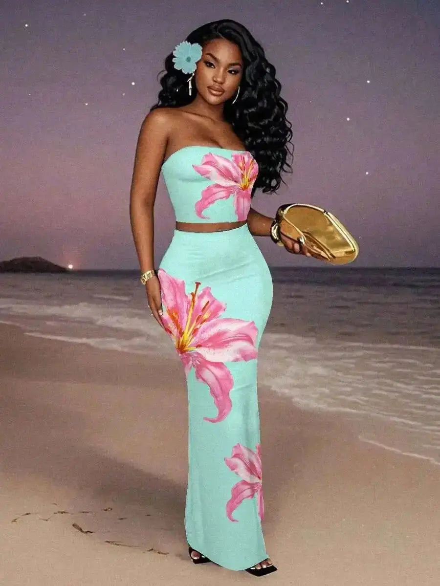 Women's Floral Print Strapless Crop Top & Maxi Skirt Set, Summer Beach Party Outfit - LUXURY CLOTHESMy store Women's Floral Print Strapless Crop Top & Maxi Skirt Set, Summer Beach Party Outfit My store