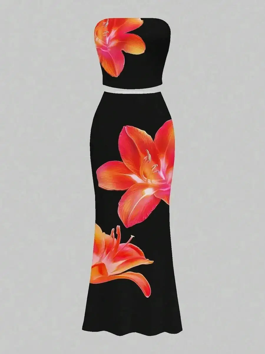 Women's Floral Print Strapless Crop Top & Maxi Skirt Set, Summer Beach Party Outfit - LUXURY CLOTHESMy store Women's Floral Print Strapless Crop Top & Maxi Skirt Set, Summer Beach Party Outfit My store
