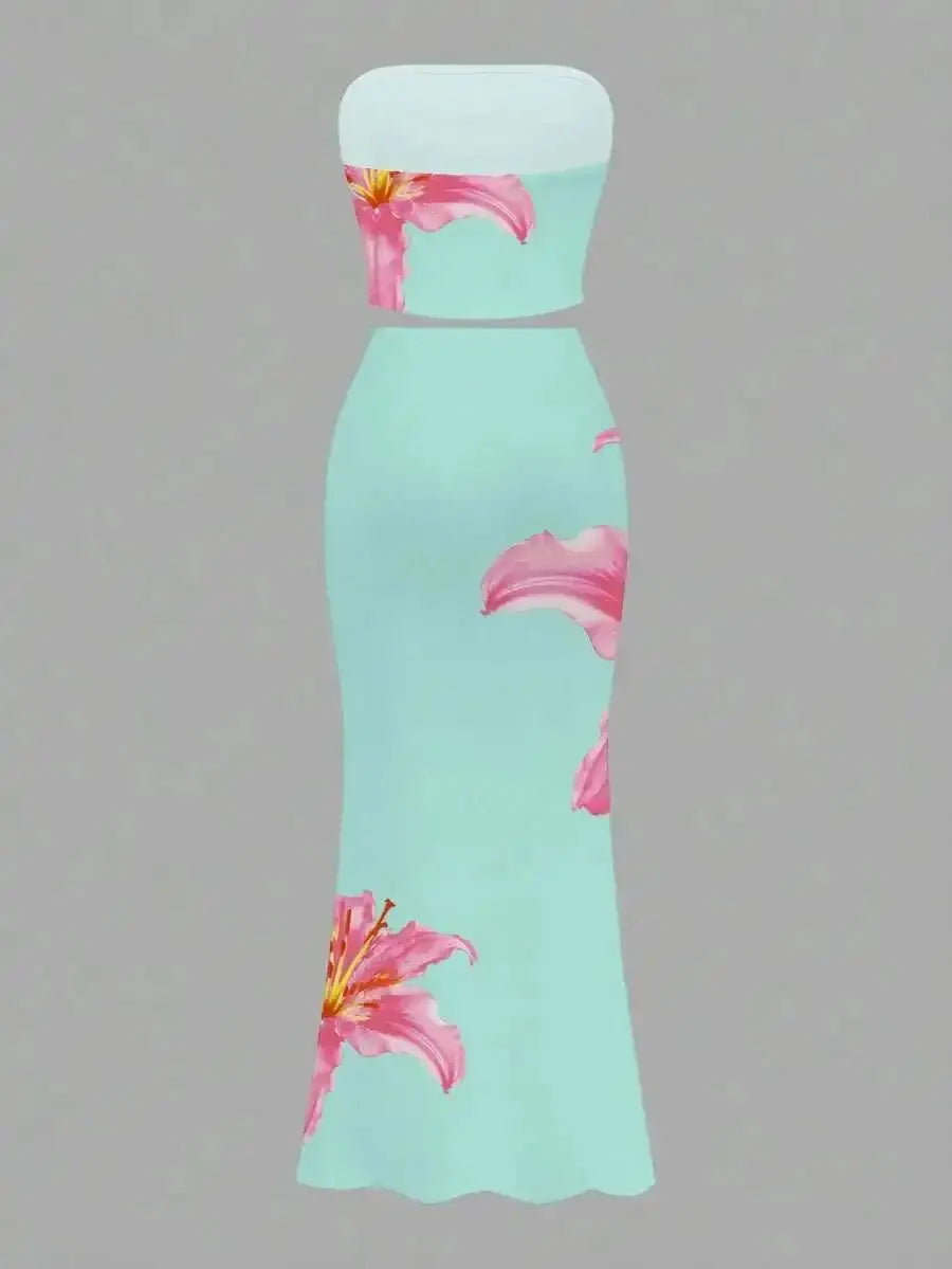 Women's Floral Print Strapless Crop Top & Maxi Skirt Set, Summer Beach Party Outfit - LUXURY CLOTHESMy store Women's Floral Print Strapless Crop Top & Maxi Skirt Set, Summer Beach Party Outfit My store