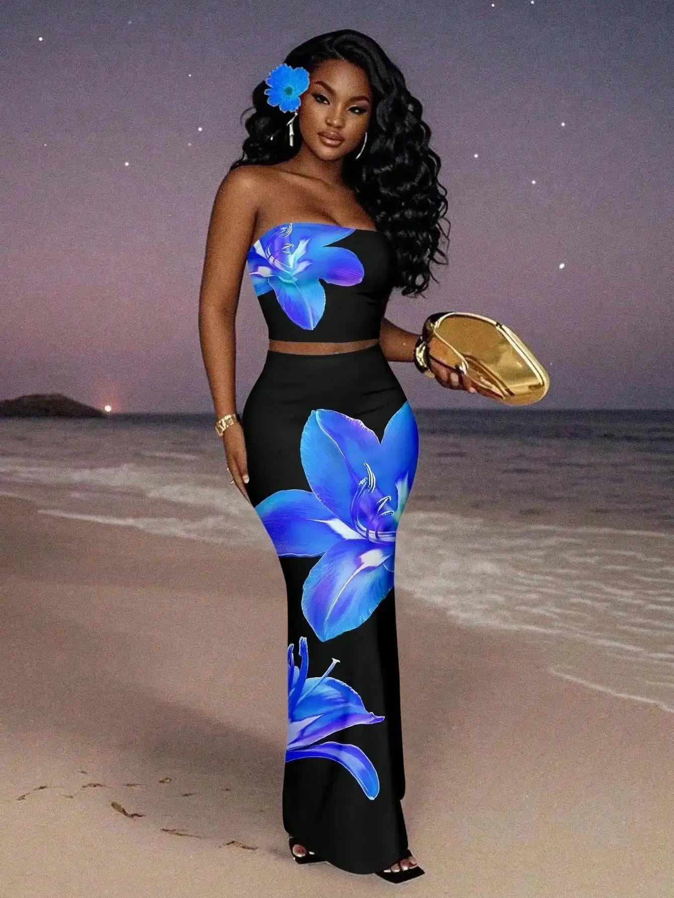 Women's Floral Print Strapless Crop Top & Maxi Skirt Set, Summer Beach Party Outfit - LUXURY CLOTHESMy store Women's Floral Print Strapless Crop Top & Maxi Skirt Set, Summer Beach Party Outfit My store