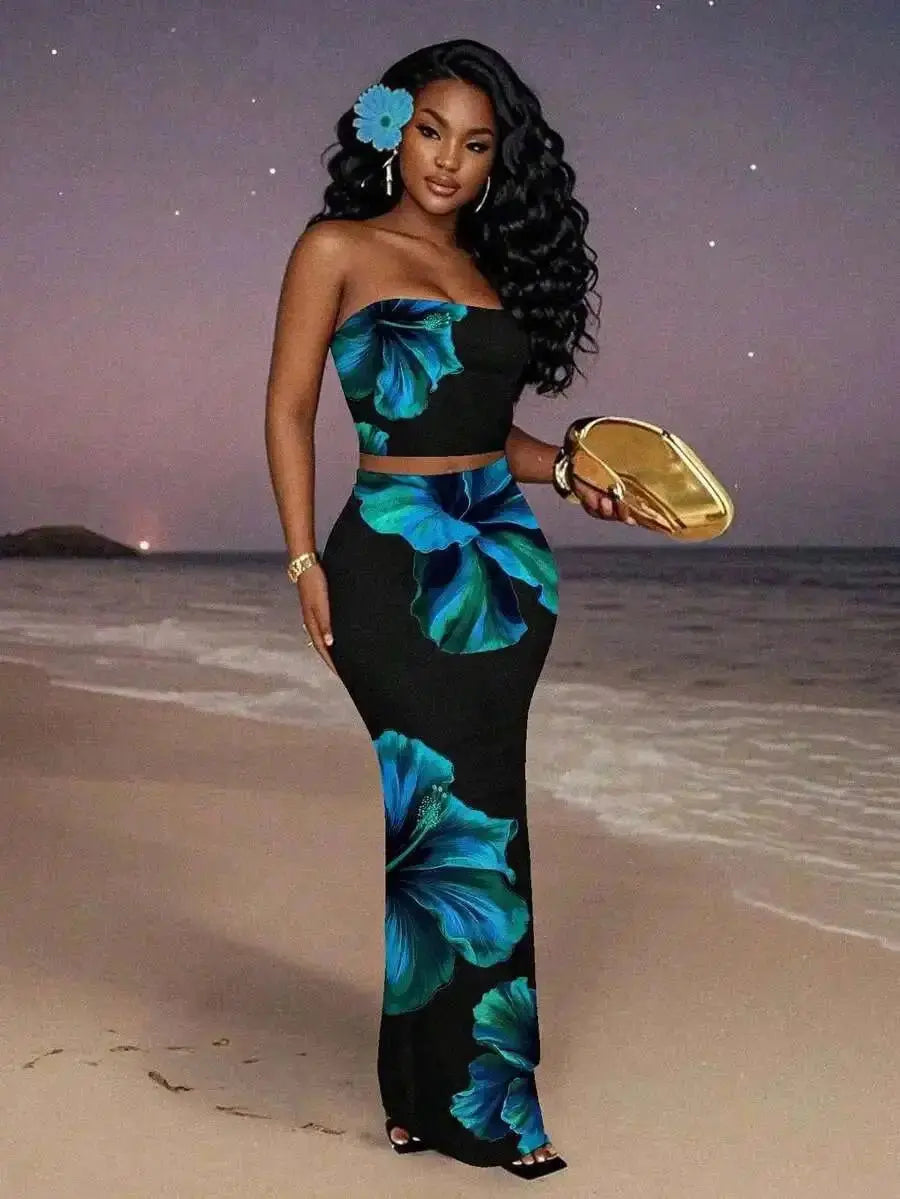 Women's Floral Print Strapless Crop Top & Maxi Skirt Set, Summer Beach Party Outfit - LUXURY CLOTHESMy store Women's Floral Print Strapless Crop Top & Maxi Skirt Set, Summer Beach Party Outfit My store
