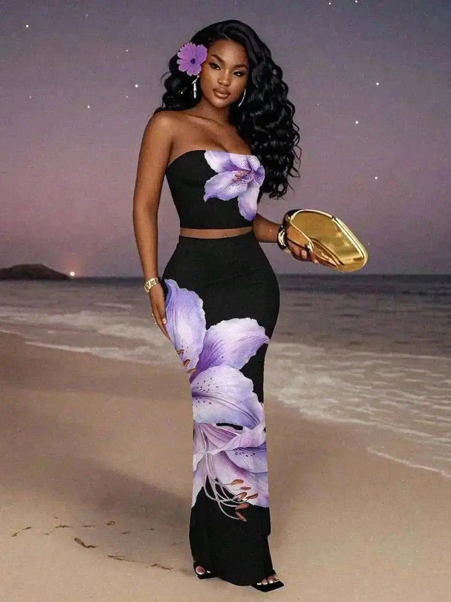 Women's Floral Print Strapless Crop Top & Maxi Skirt Set, Summer Beach Party Outfit - LUXURY CLOTHESMy store Women's Floral Print Strapless Crop Top & Maxi Skirt Set, Summer Beach Party Outfit My store