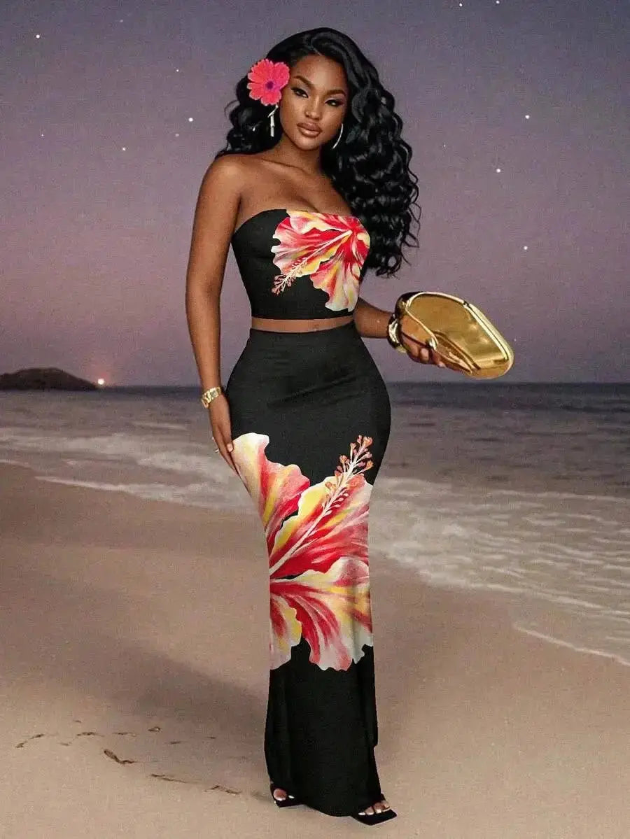 Women's Floral Print Strapless Crop Top & Maxi Skirt Set, Summer Beach Party Outfit - LUXURY CLOTHESMy store Women's Floral Print Strapless Crop Top & Maxi Skirt Set, Summer Beach Party Outfit My store