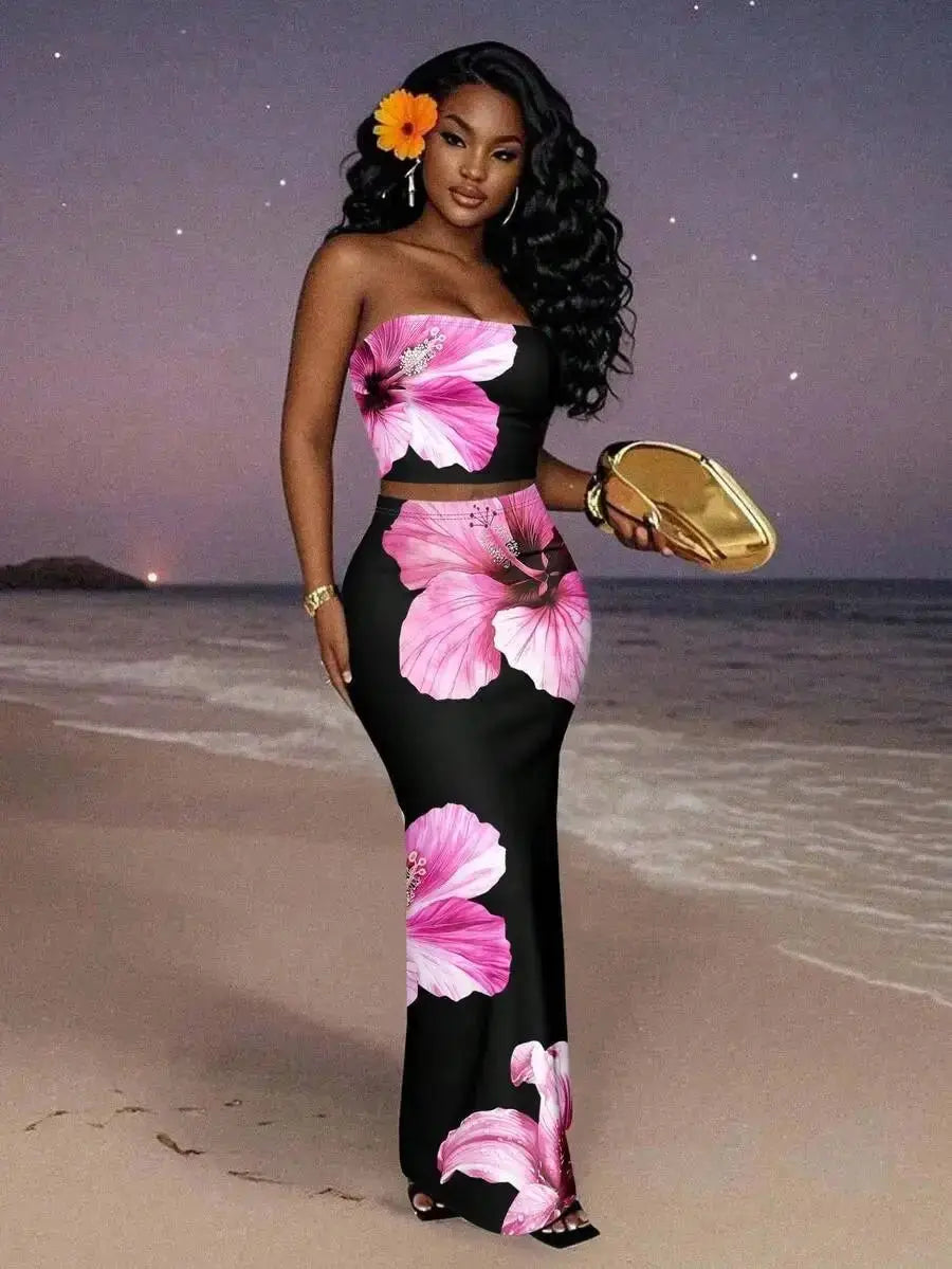 Women's Floral Print Strapless Crop Top & Maxi Skirt Set, Summer Beach Party Outfit - LUXURY CLOTHESMy store Women's Floral Print Strapless Crop Top & Maxi Skirt Set, Summer Beach Party Outfit My store