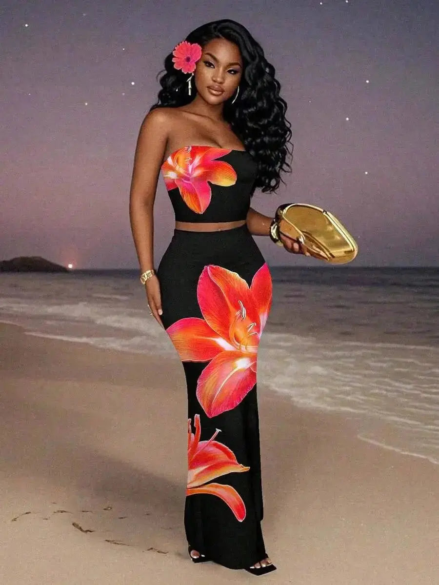 Women's Floral Print Strapless Crop Top & Maxi Skirt Set, Summer Beach Party Outfit - LUXURY CLOTHESMy store Women's Floral Print Strapless Crop Top & Maxi Skirt Set, Summer Beach Party Outfit My store