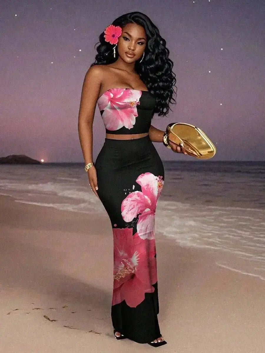 Women's Floral Print Strapless Crop Top & Maxi Skirt Set, Summer Beach Party Outfit - LUXURY CLOTHESMy store Women's Floral Print Strapless Crop Top & Maxi Skirt Set, Summer Beach Party Outfit My store