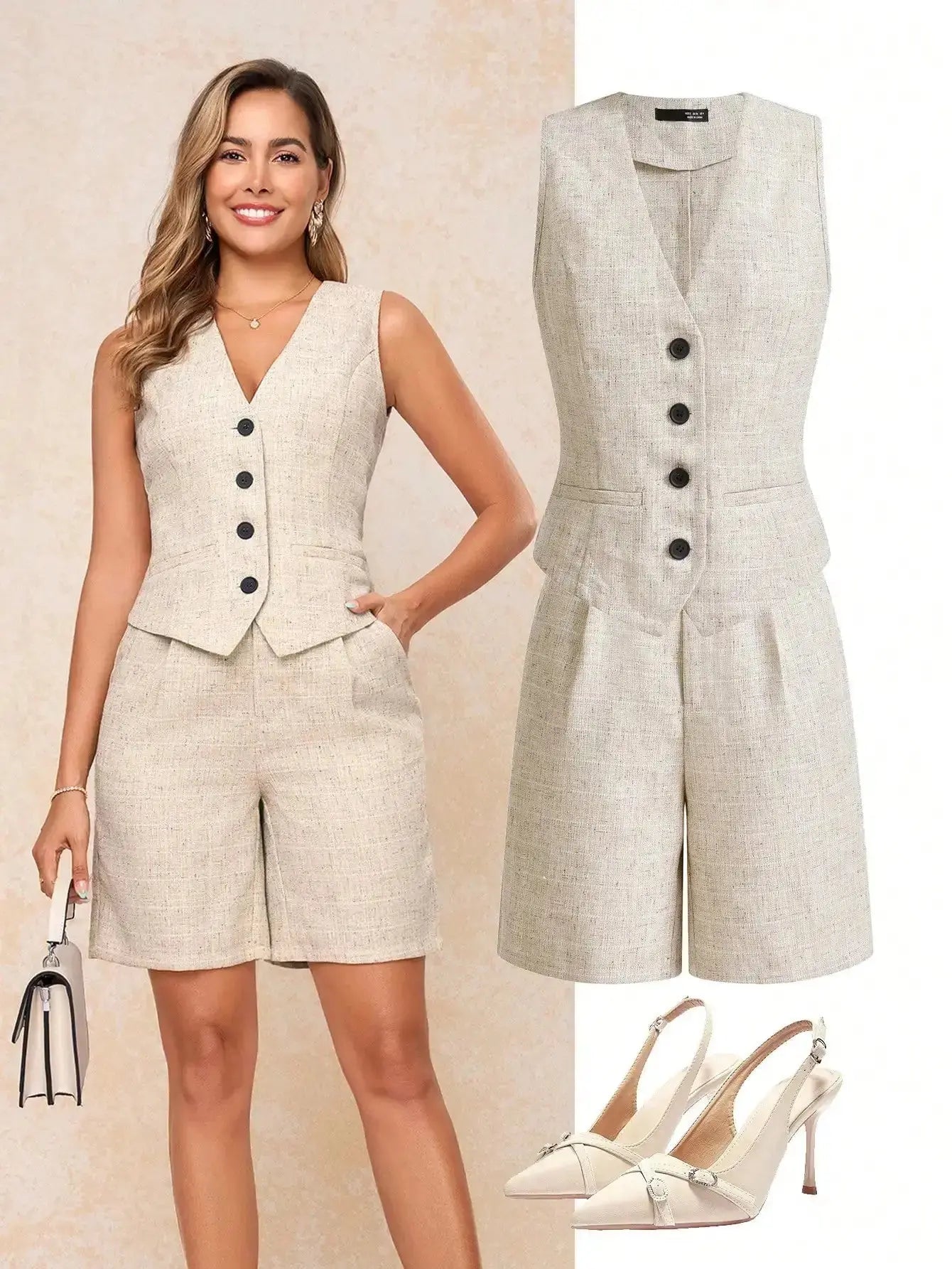 Women's Sleeveless Button - Up Vest & Shorts Set, Business Casual Outfit for Work or Daily Wear - LUXURY CLOTHESMy store Women's Sleeveless Button - Up Vest & Shorts Set, Business Casual Outfit for Work or Daily Wear My store