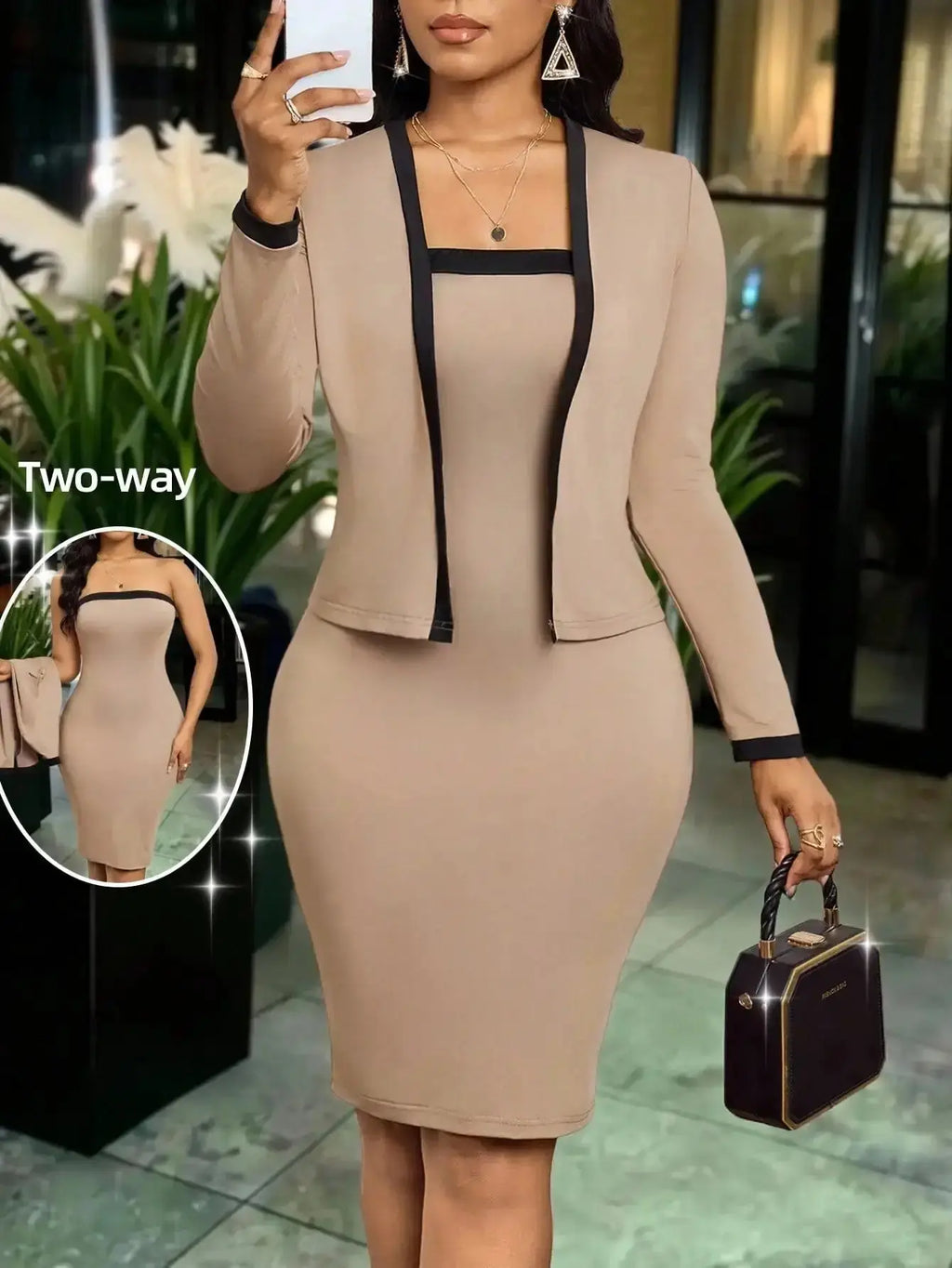 Women's Two - Way Contrast Trim Long Sleeve Jacket & Bodycon Dress Set, Elegant Office Wear - LUXURY CLOTHESMy store Women's Two - Way Contrast Trim Long Sleeve Jacket & Bodycon Dress Set, Elegant Office Wear My store