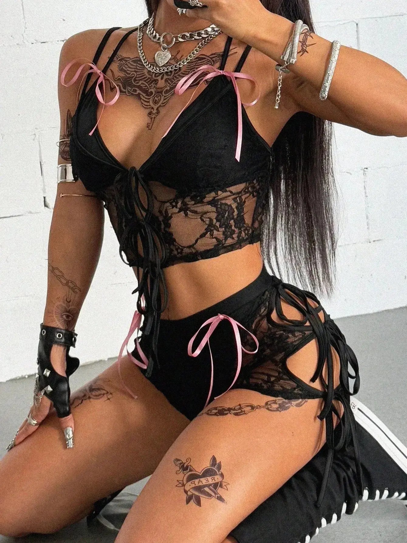 Women's Y2K Goth Lace Bow Cut Out Two Piece Set - Black Rave Party Lingerie Top & Shorts - LUXURY CLOTHESMy store Women's Y2K Goth Lace Bow Cut Out Two Piece Set - Black Rave Party Lingerie Top & Shorts My store