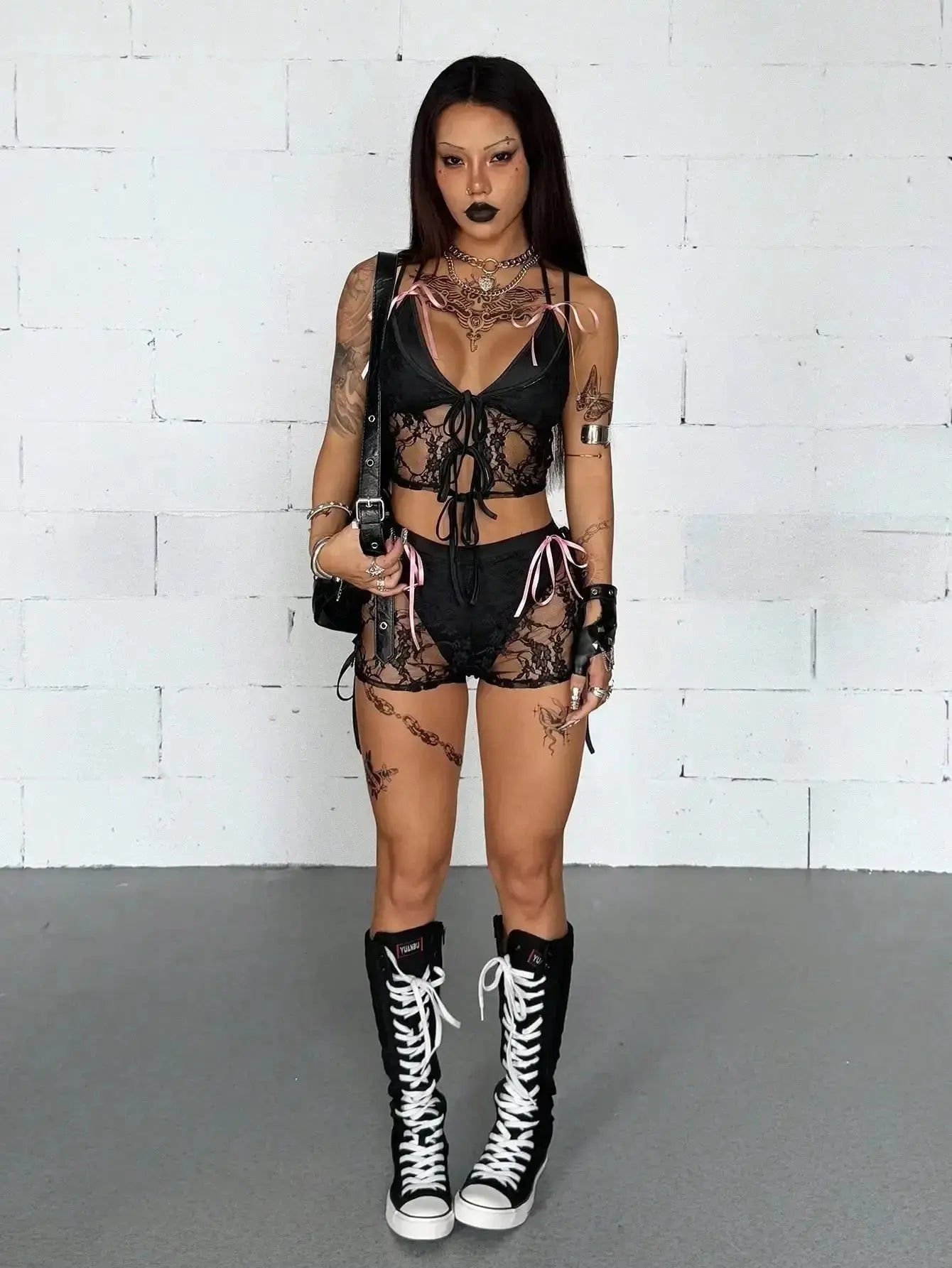 Women's Y2K Goth Lace Bow Cut Out Two Piece Set - Black Rave Party Lingerie Top & Shorts - LUXURY CLOTHESMy store Women's Y2K Goth Lace Bow Cut Out Two Piece Set - Black Rave Party Lingerie Top & Shorts My store